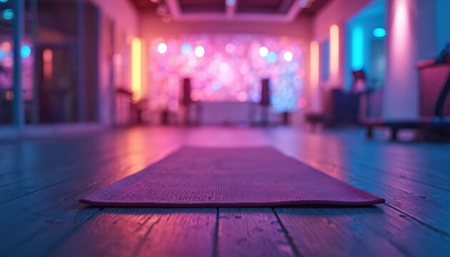 Yoga mat on wooden floor in modern gym studio. Vibrant pink blue neon lights create dynamic atmosphere. Empty wellness space awaits fitness activity meditation. Trendy health exercise studio for - Powered by Adobe