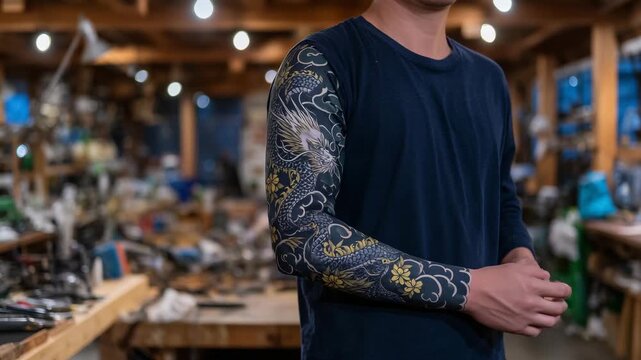 421Traditional Japanese tattoo sleeve on arm, tattoo artist showcasing intricate patterns, dragons and flowers, studio background with tools and ambient light