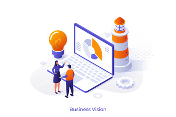 Woman and man standing near laptop with business chart. Business analysis with creative idea for strategy planning. Isometric vector illustration.
