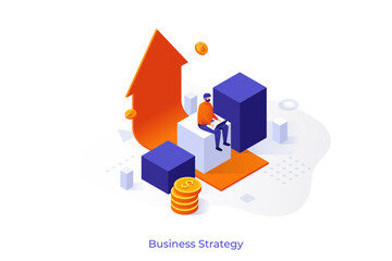 Man with laptop analyzing business strategy. Isometric vector illustration for financial growth and investment concept. Digital data analysis.