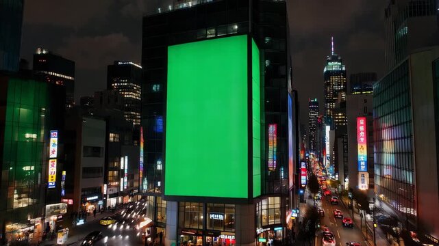 City street at night with a large green billboard in times square area