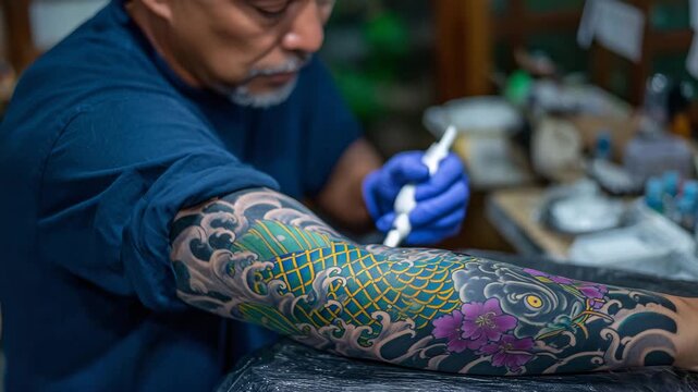 424Close-up of colorful Japanese tattoo, tattoo artist pointing at detailed arm artwork, koi fish, waves, and cherry blossoms, vibrant pigments and fine lines highlighted