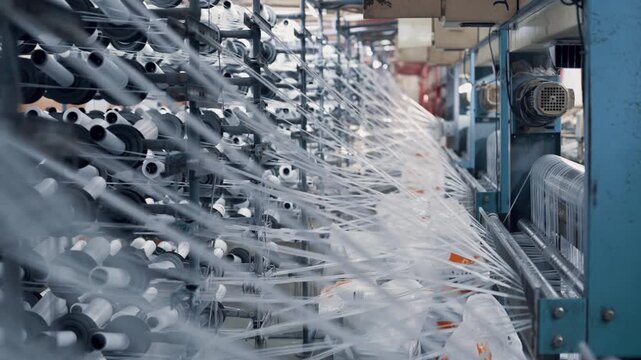 Operation of a flat-slot extruder in the production of polypropylene bags.