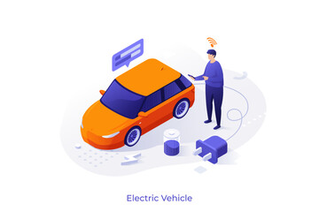 Man charging electric car with smartphone control. Smart vehicle charging station concept. Isometric 3d vector illustration for green energy and sustainable technology.