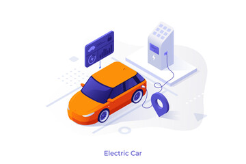 Isometric vector illustration with electric car charging from station, location pin, and interface. Eco-friendly transport, smart city infrastructure, and sustainable energy.