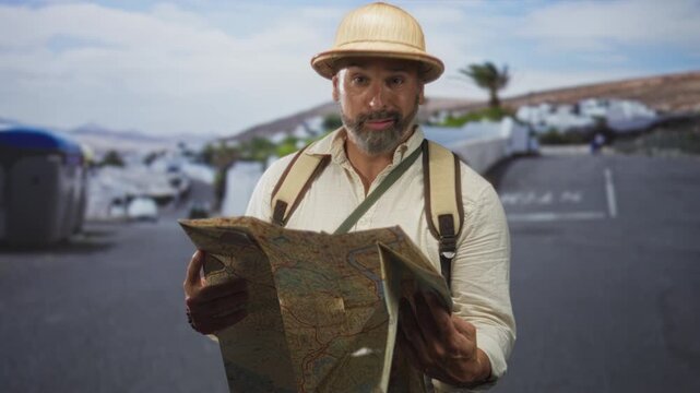 Man holding a map on a street with white buildings and backpack straps showing; curiosity travel adventure.