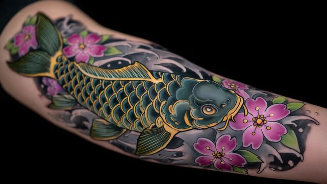 430Tattoo artist showcasing vivid Japanese tattoo on forearm, koi fish, cherry blossoms, and wind motifs, close-up highlighting color saturation and line work