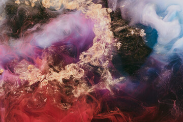 Abstract colorful smoke background. Moving flow of blue, red, white paints, fluid art