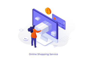 Isometric vector illustration with woman shopping online on a huge tablet computer screen. Digital e-commerce and delivery service concept. Secure electronic payment.