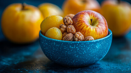 Close-up of vibrant food still life featuring blue bowl overflowing with striped apple, yellow plums, and crunchy caramelized nuts set against moody dark blue backdrop.