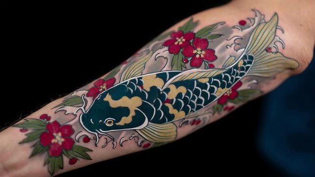432Tattoo artist showcasing vivid Japanese tattoo on forearm, koi fish, cherry blossoms, and wind motifs, close-up highlighting color saturation and line work