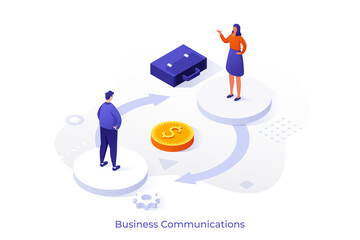 Man and woman forming a financial cycle with dollar coin. Isometric vector illustration for business communication and money exchange.