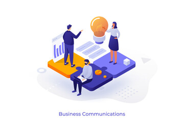 Isometric vector illustration with men and woman engaged in business communication with a large lightbulb and graphs symbolizing idea exchange and planning for business development.