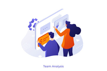 Isometric vector illustration with man and woman analyzing business data, working together to achieve financial goals. Teamwork in analytics process and marketing strategy.