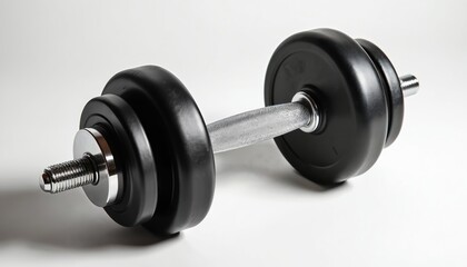 Black adjustable dumbbell with chrome handle rests on clean white background. Versatile exercise equipment for home gyms professional fitness training. Workout tool to build muscle strength, key