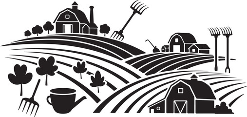 Fototapeta premium Farm Landscape with Barns and Agricultural Tools Silhouette Illustration