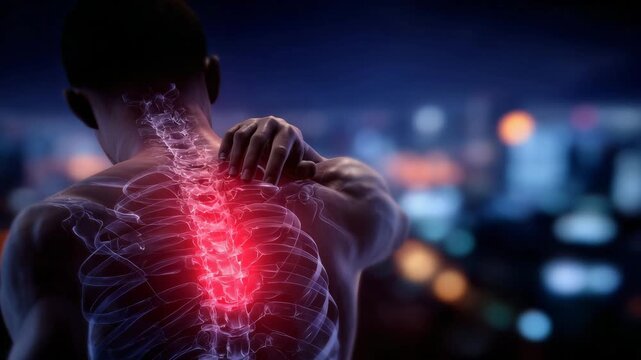 Illustrated view of man with back pain, hand on upper back, highlighted vertebrae and ribcage, subtle red shading to indicate strain, medical anatomy and posture awareness