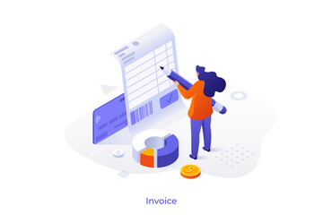 Isometric vector illustration with Woman holding giant pencil making entry on invoice document. Concept of accounting, financial management, budget planning, or tax calculation for web.