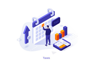 Man placing marker on calendar for tax reminder. Isometric vector illustration for tax payment and financial planning concept in business.