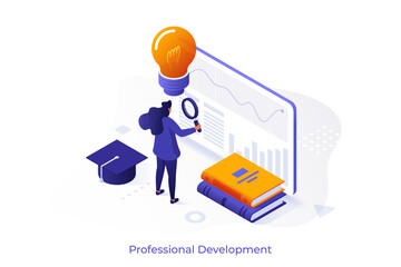 Isometric vector illustration with Woman researching information on a tablet screen with a magnifying glass, depicting professional development and learning. Self education concept for career growth.