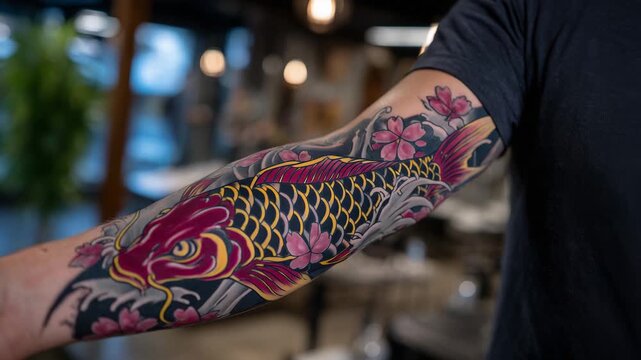 Japanese-style tattoo artistry, tattoo artist showcasing forearm with vibrant koi fish and cherry blossom design, detailed textures, professional studio lighting emphasizing rich c