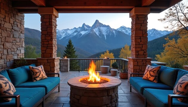 Patio with fire pit faces mountain view. Cozy outdoor space features seating stone columns and fireplace. Scene creates relaxing atmosphere. Luxury home design with scenic landscape and mountains.