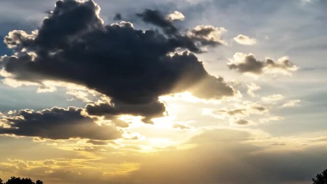 Dramatic Sky with Sun Rays Piercing Dark Clouds and Treetop Silhouettes