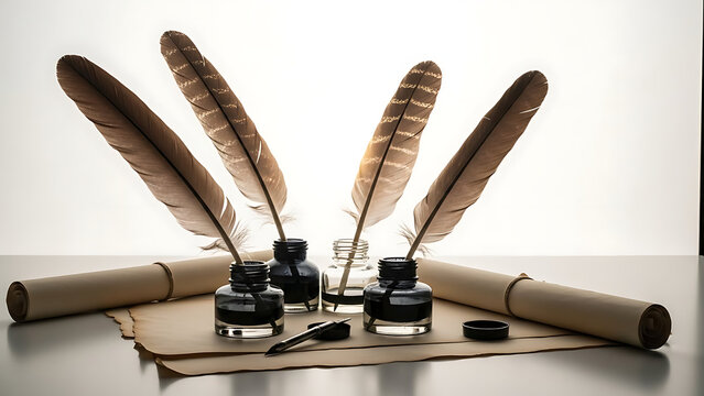 Four quill pens in glass ink wells on parchment paper scrolls with inkwell and vintage writing and writing instrument and historical and antique - Powered by Adobe
