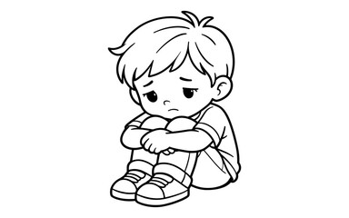 Sad cartoon boy sitting alone with knees hugged to chest, feeling lonely
