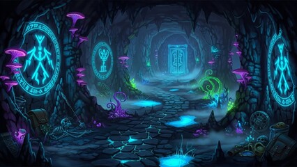 Mysterious underground cavern scene featuring glowing neon runes, purple bioluminescent fungi, and a stone pathway leading toward a blue doorway.