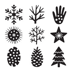 Black and white winter including snowflake tree branch hand sun star pinecone and christmas tree
