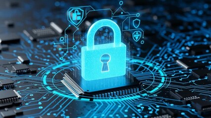 Cybersecurity lock protecting data on glowing circuit board, dynamic technology future, innovative digital defense systems in motion - Powered by Adobe