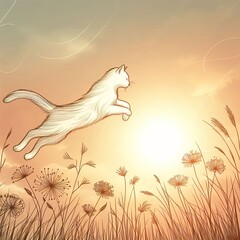 A line drawing of a cute cat jumping and playing in a grassy field