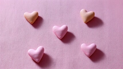 Fototapeta premium Colorful Heart-Shaped Decorations on Soft Pink Background for Romantic Themes and Celebrations in Creative Photography and Design Projects