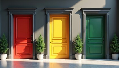Three doors stand side by side uniquely colored red yellow, green. Potted plants decorate doorway. Sunlight streams creating shadows. Modern building facade with three colorful doorways show choice