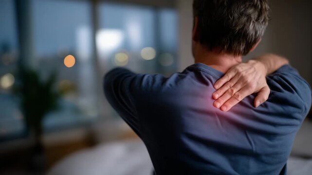 Man with upper back strain, touching painful area, visual emphasis on spine curvature and rib stress, neutral clinical background, concept of posture-related discomfort