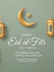Eid al Fitr Greeting Card with Crescent Moon Lanterns.
