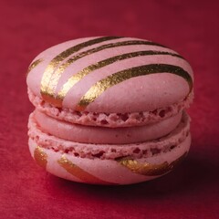 Close-up of a delicate pink macaron with elegant gold stripes, resting on a rich crimson background, studio lighting.