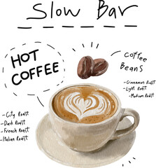 Watercolor slow bar coffee illustration with hot latte art cup, roasted beans and handwritten roast levels menu.