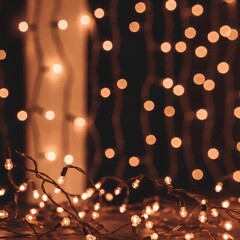 Close-up macro shot of warm orange fairy lights blurred in bokeh against a dark background, creating a cozy, festive atmosphere.