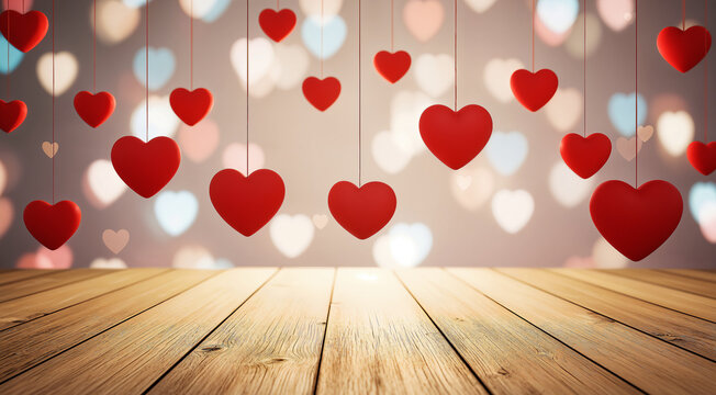 Romantic hanging red hearts background textured wooden floor bokeh light effect saint valentines day