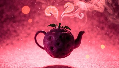 Surreal dark pink teapot with citrus slices emitting smoke against a sparkling magenta background with bokeh lights
