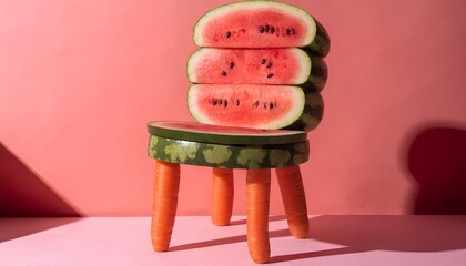 Whimsical surreal still life: stacked watermelon slices form a chair with carrot legs against a vibrant pink background with dramatic shadows
