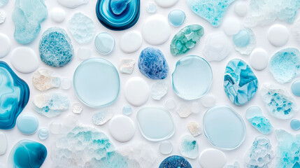 Assortment of smooth, glossy white and various shades of blue aquamarine mineral slices, polished stones, and glass cabochons scattered on textured white surface for tranquil aesthetic