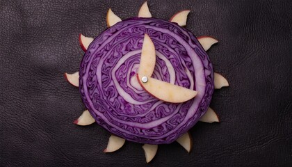 Creative surreal food art of a red cabbage half resembling a clock face with apple slices as hour markers on dark textured background