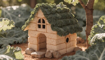 Whimsical miniature house crafted from bread slices and edible kale as roof, set in a garden with natural sunlight.