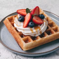 Golden brown waffle topped with fluffy whipped cream, fresh strawberries, blueberries, and drizzled with syrup on a textured blue plate
