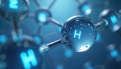 Close up view of hydrogen molecules in 3D space. Glowing H symbols on transparent atom spheres connect in complex structure, showing scientific innovation. Visual represents modern chemistry, clean