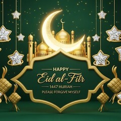 Eid al-Fitr Celebration with Golden Mosque and Crescent.