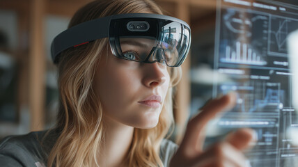 Focused young woman explores digital interfaces using augmented reality glasses in a sleek office Generative AI